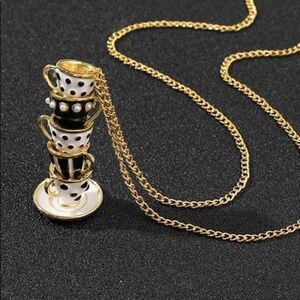 - Hand Painted Enamel Necklace Teacup Pendant Long Chain Choker New, black white